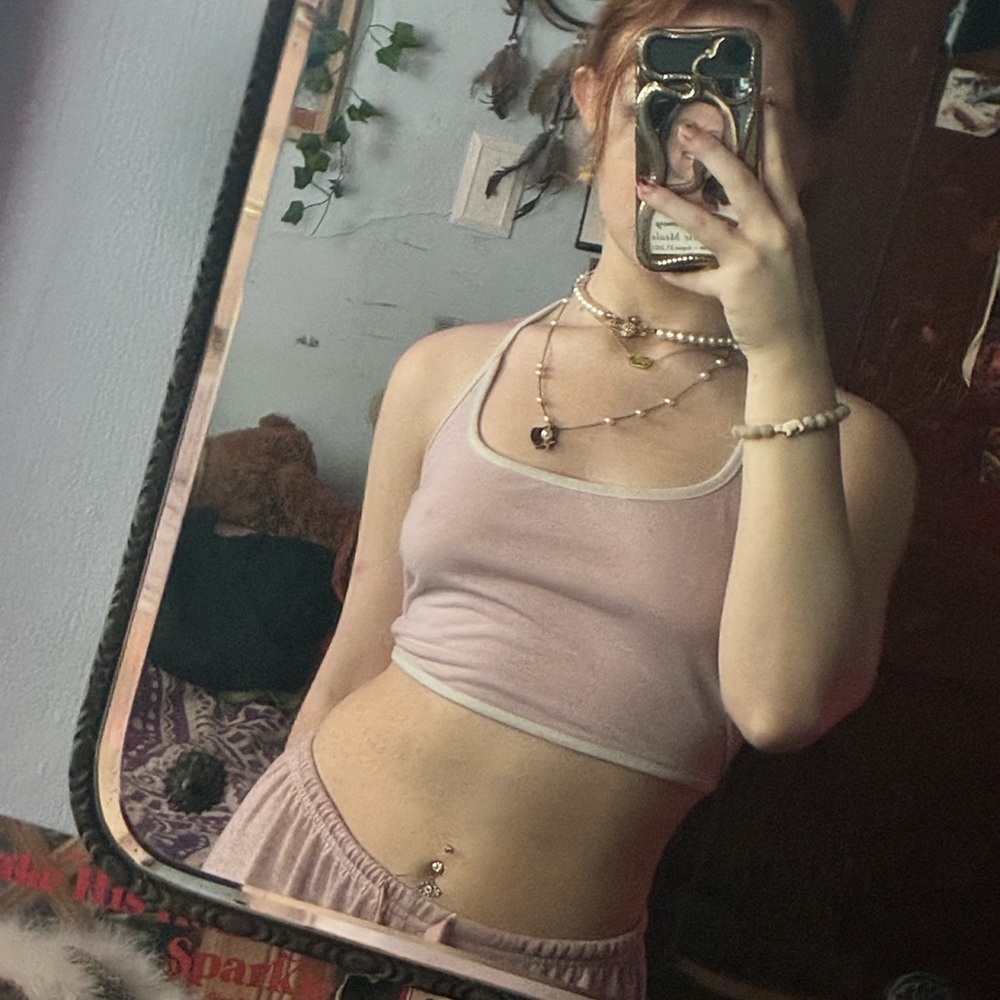 White lined Pink Crop Top